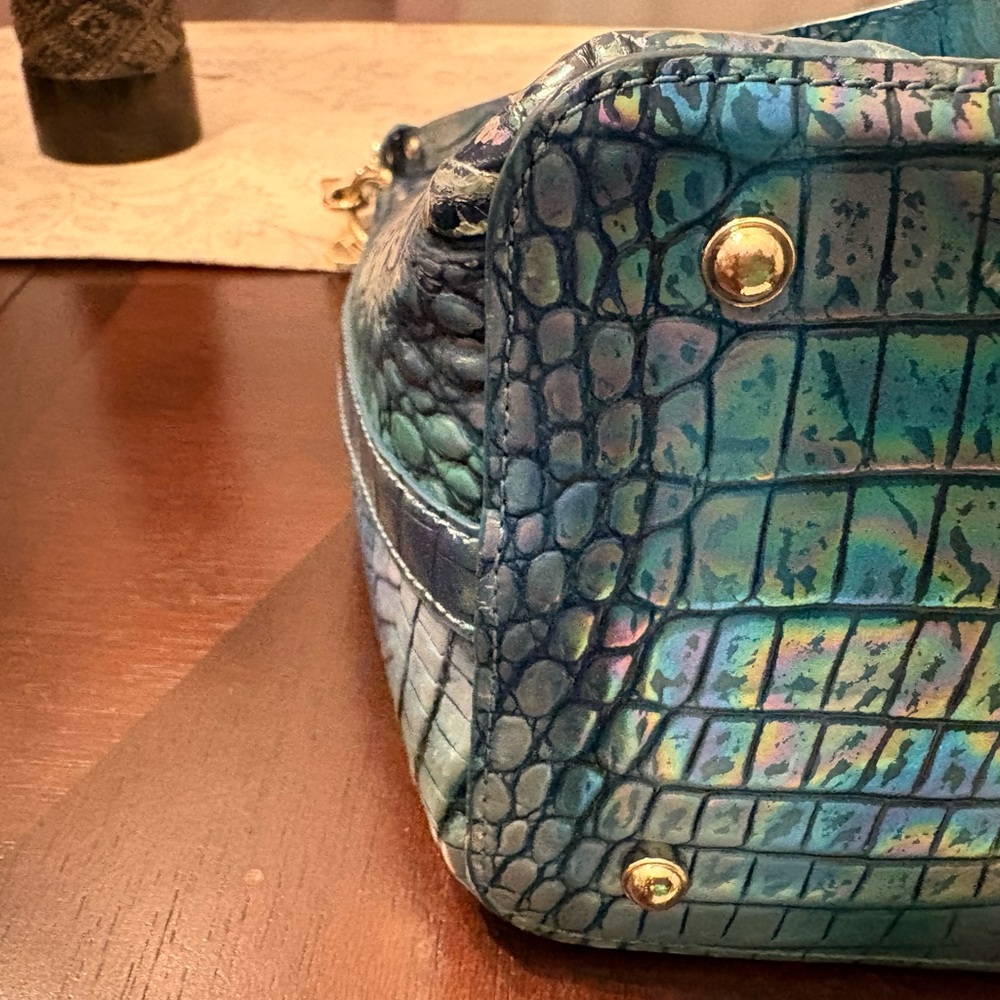 Brahmin Iridescent Teal Blue Croc-Embossed Satchel - Picture 5 of 11